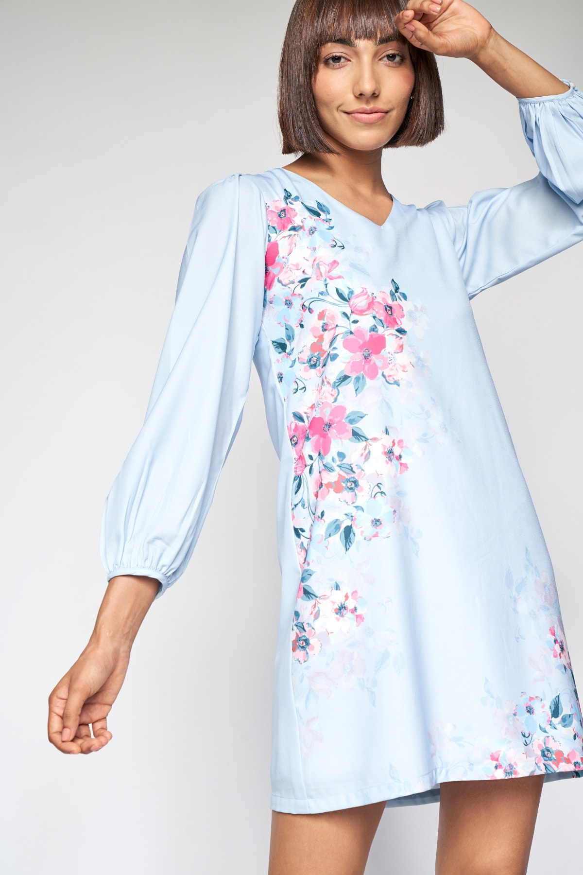 1 - Powder Blue Floral Printed Shift Dress, image 1