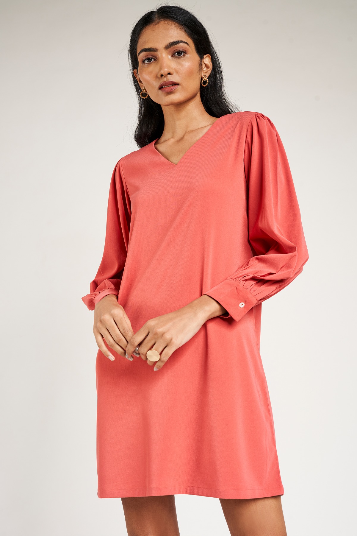 3 - Peach Solid A-Line Dress, image 3