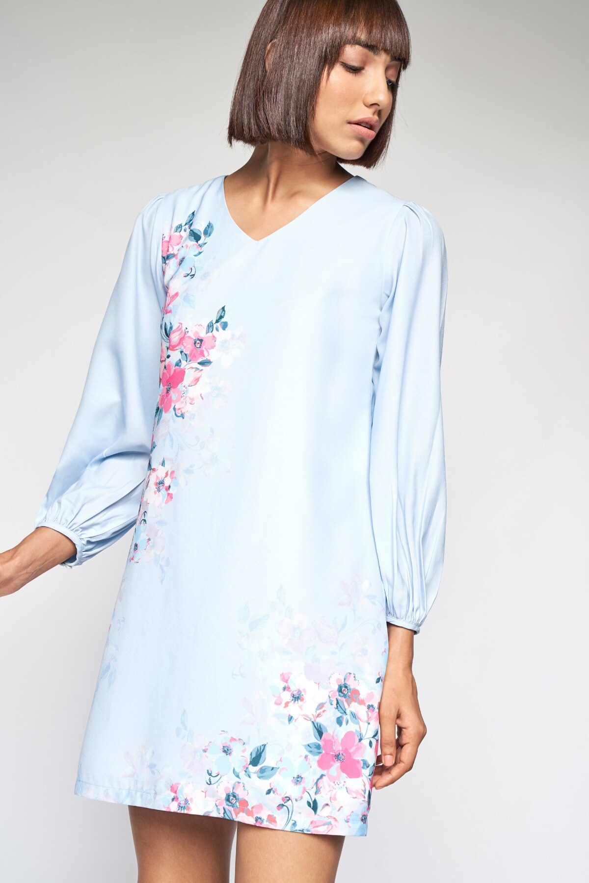 4 - Powder Blue Floral Printed Shift Dress, image 4